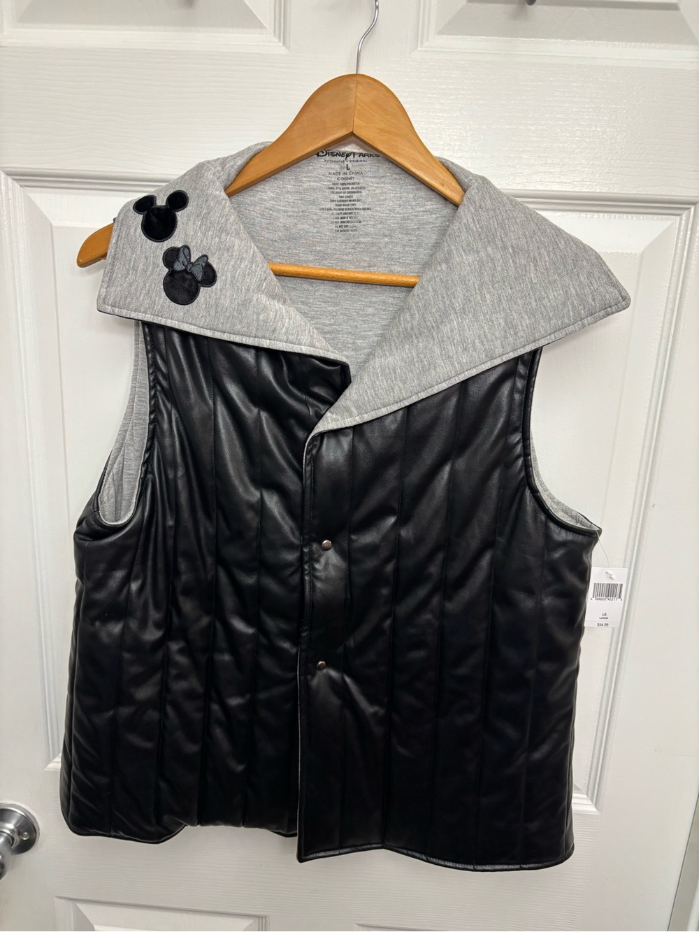 NWT Disney Women's Playful Black Faux Leather Quilted Vest with Gray Lining, L